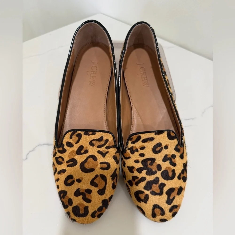 J Crew Shoes Womens 8 Brown Leopard Print Loafers Slip On Calf Hair Animal